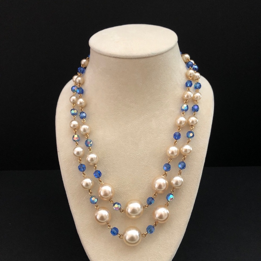 Vintage Faux Pearl Blue Crystal Aurora Borealis 2 Strand Necklace Chain Strung